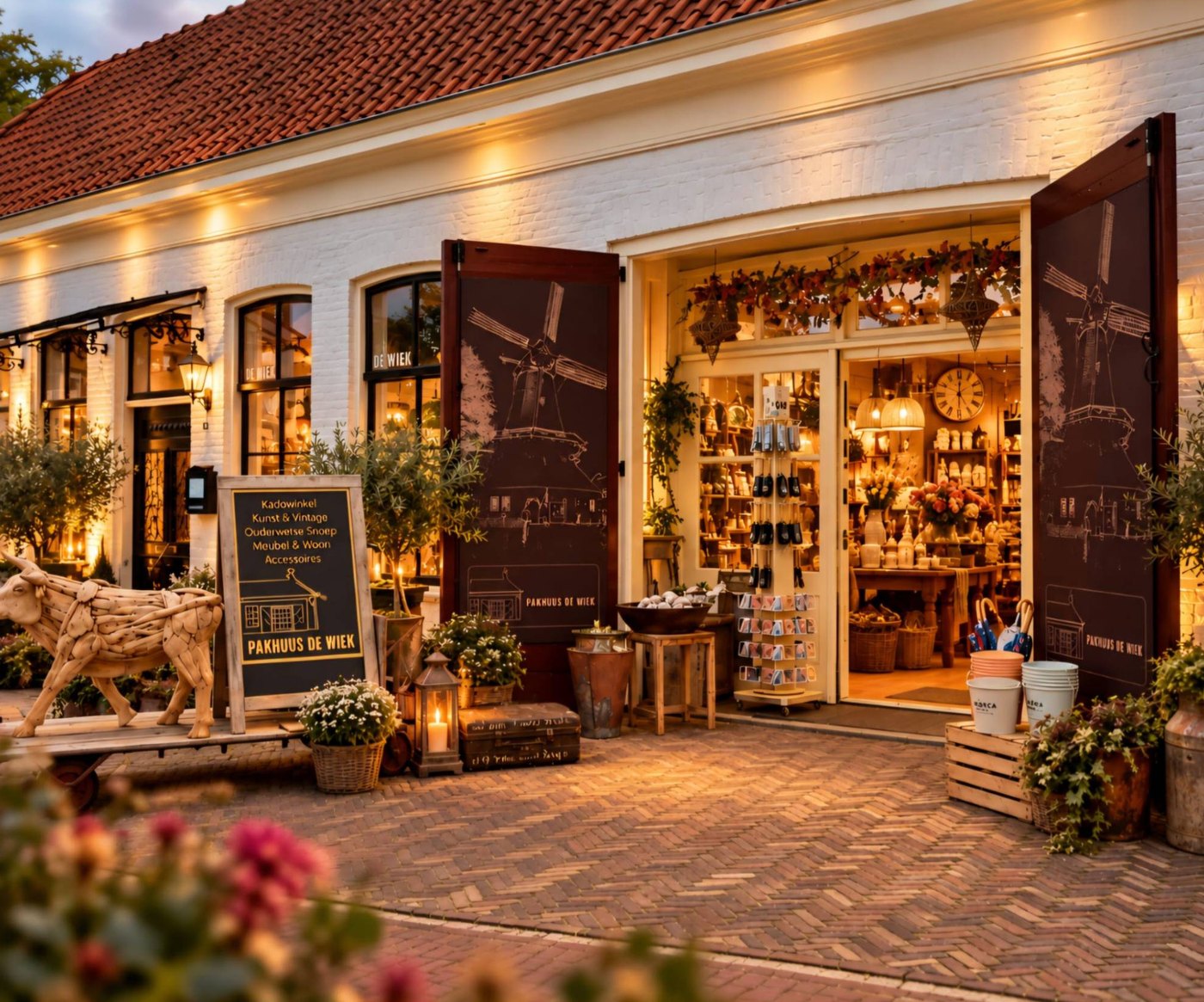 De gevel van Pakhuus Wonen & Kado in de avond, met open deuren en een verlichte winkel
